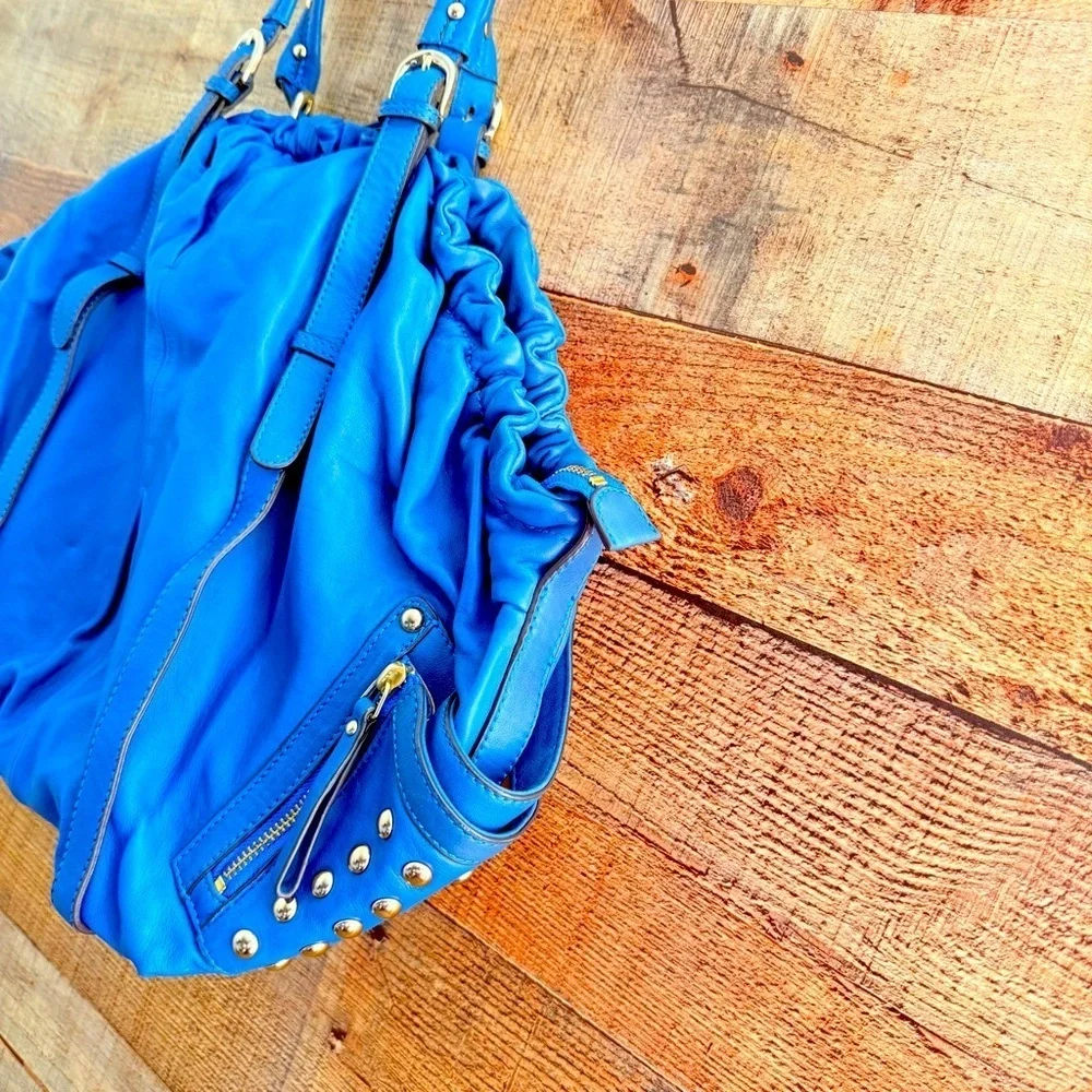 Vintage Hype Blue Leather Studded Oversized Hobo Shoulder Bag